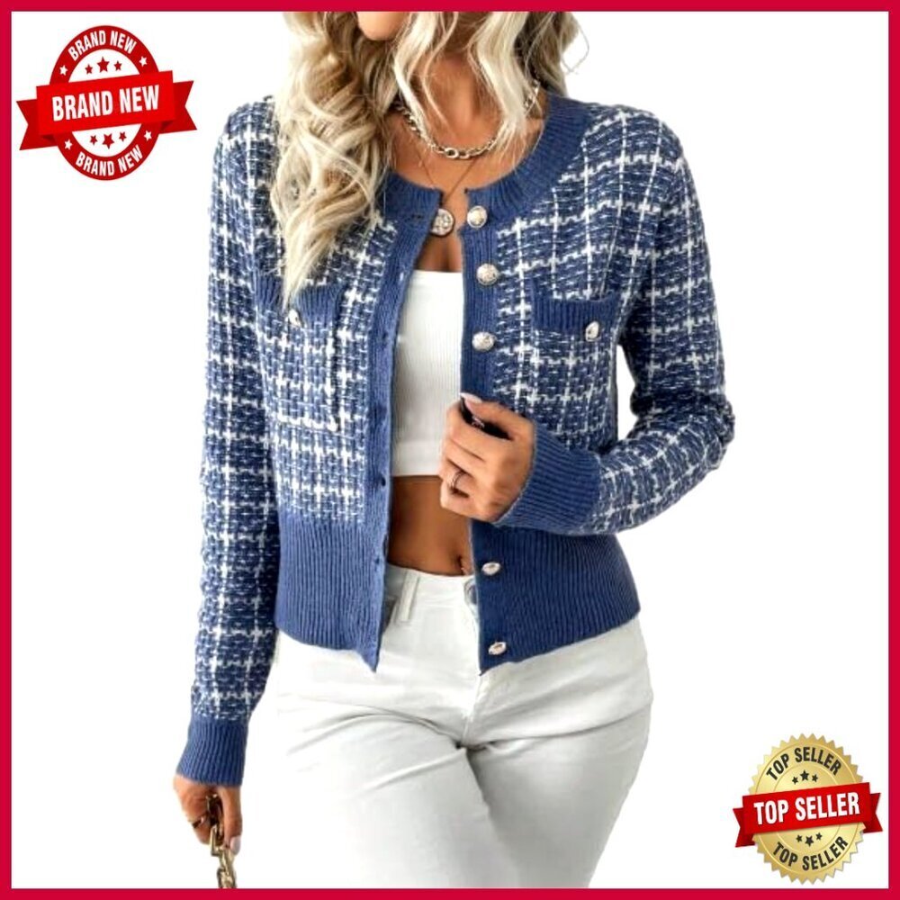 Tweed Plaid Cardigan Blazer Button Front Crew Neck Long Sleeve Knit Jacket